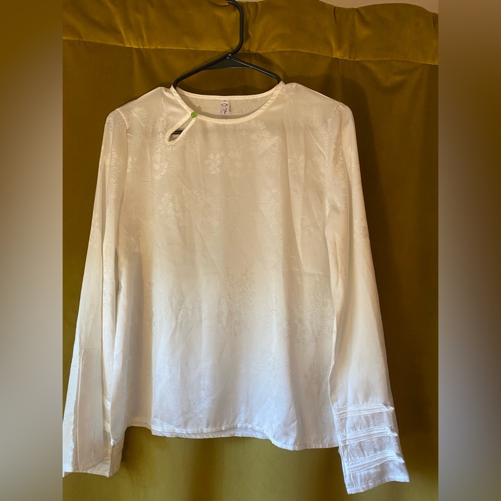S Poetcore White Jacquard Top Women Sailor Military Detail Long Sleeve Keyhole